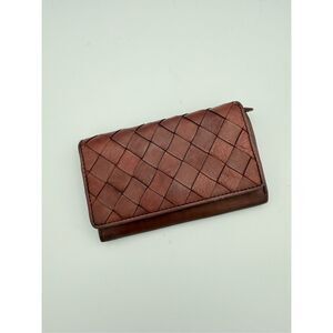 Vintage Leather Wine Merlot Red Woven Trifold Wallet